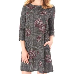 APT. 9 Gray Plaid Floral Ruched Sleeve Swing Dress Women's Small Pockets